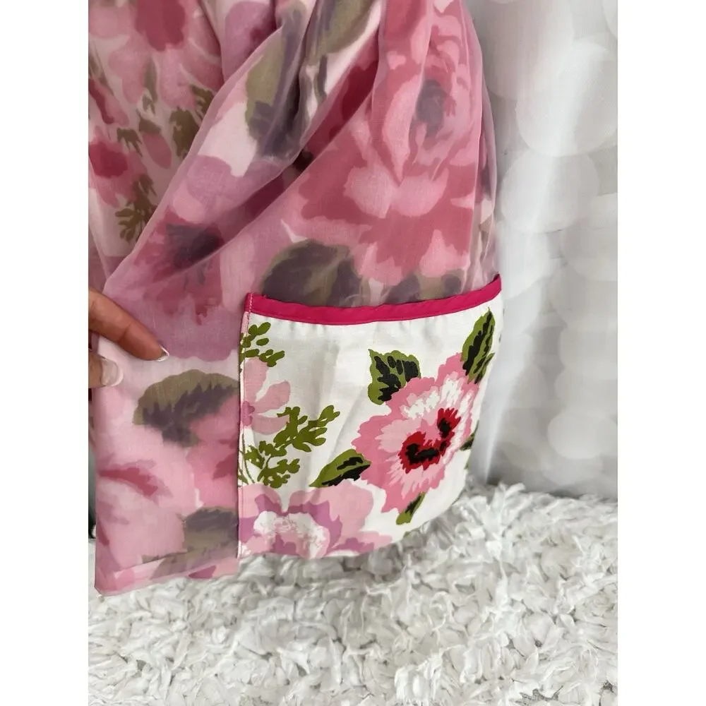 VTG HANDMADE Pink Rose Chintz Hostess Apron Chiffon Accents Reversible Country